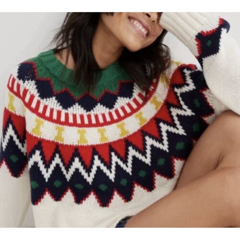 Aerie Fair Isle Knit Long Sweater Womens Large Multicolor Crew Neck Preppy Fall